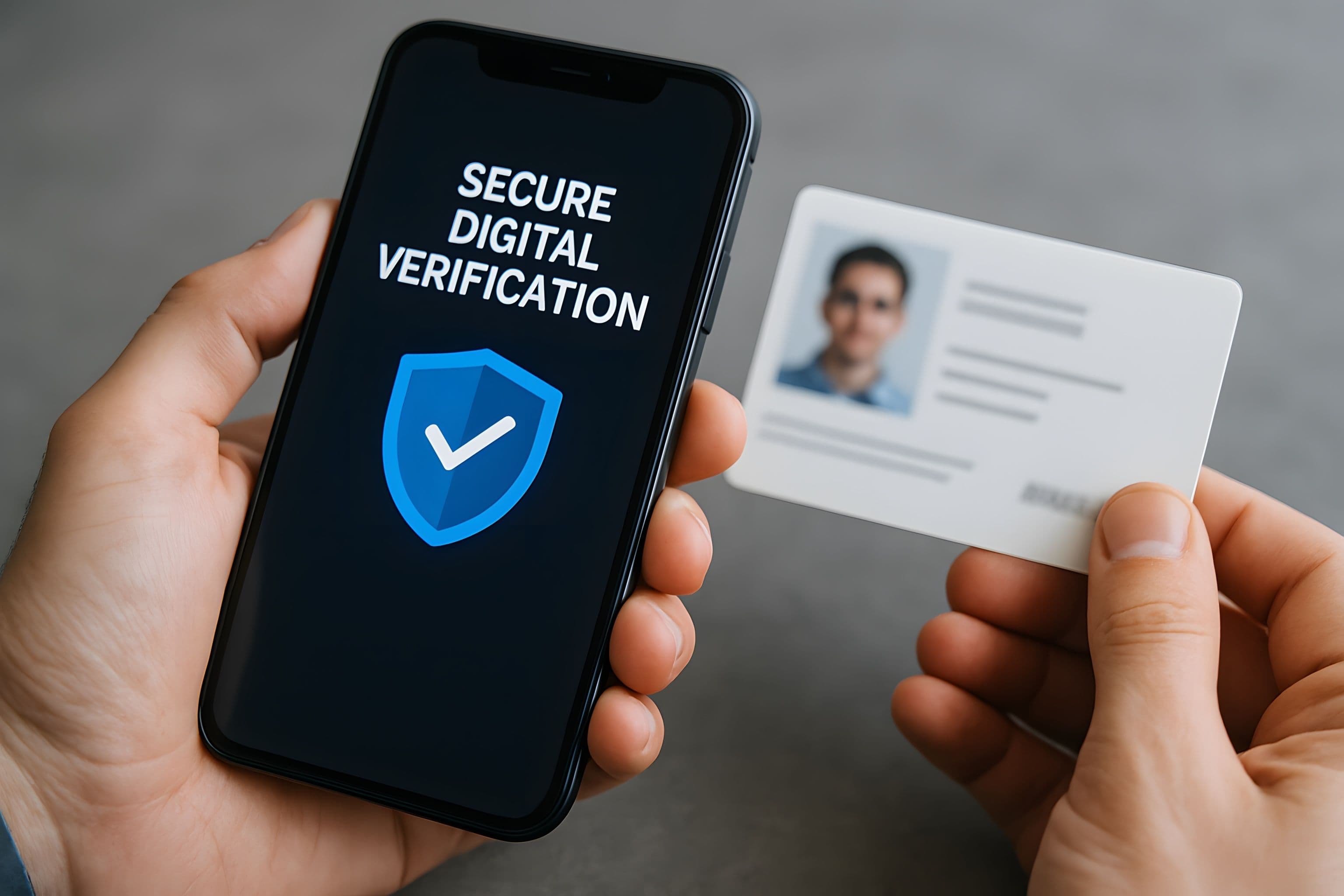 Digital identity verification on a smartphone alongside an ID document, representing digital Right to Rent checks for landlords in England.